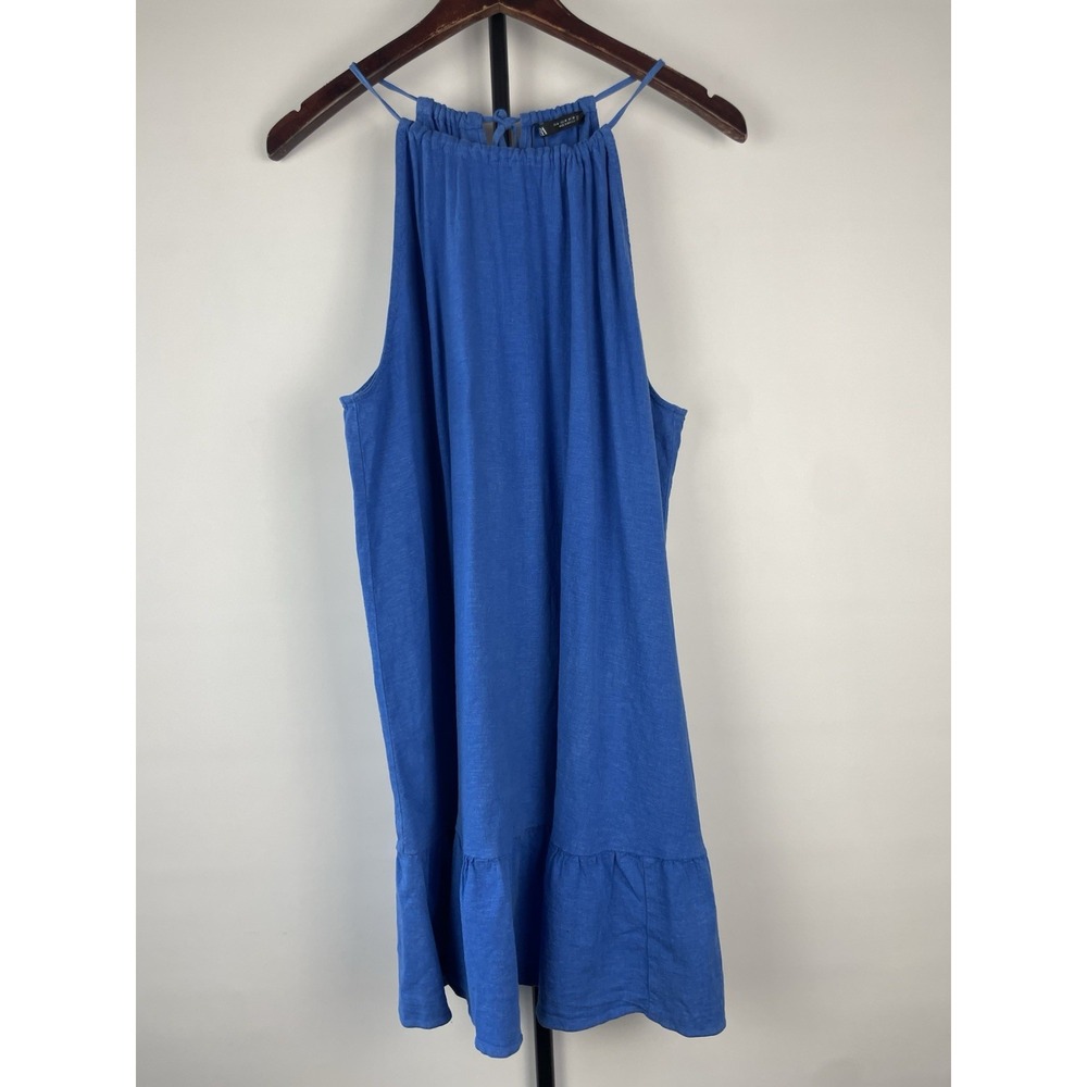 Zara Linen Blend Blue Ruffle Hem Mini Strappy Halter Casual Dress Size M